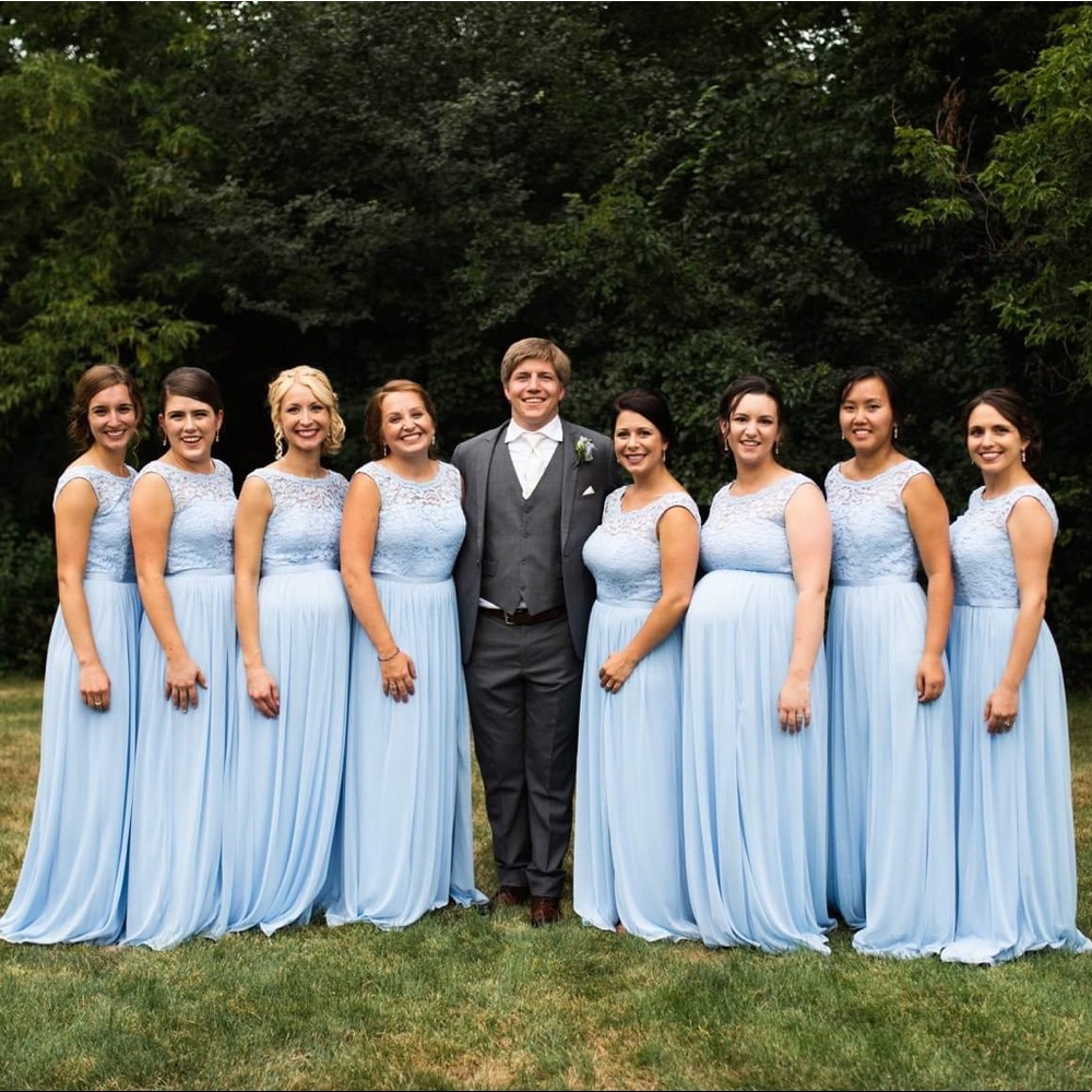 David’s Bridal Ice Blue Illusion Lace Long Dress